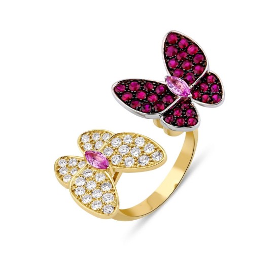 Prsten od žutog i belog zlata sa rubinima, pink safirima I brilijantima 0103-490