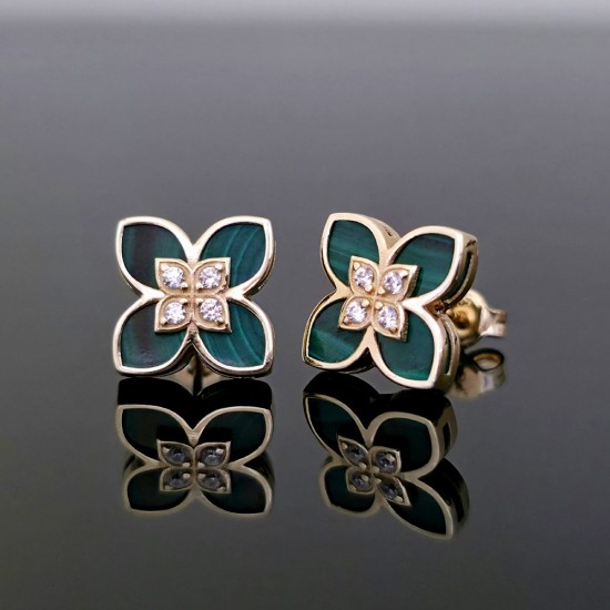 Minđuše od žutog zlata sa cirkonima i malahitom 32-241