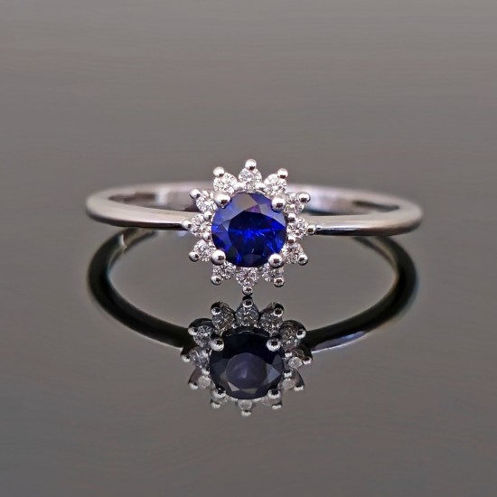Prsten od belog zlata sa plavim safirom i brilijantima 0504-142
